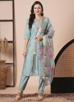 Viscose Chanderi Sky Blue Festival Wear Embroidery Work Readymade Kurti Set